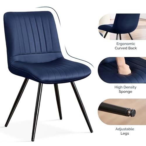 Image of Dining Chairs Set of 2, Modern Dining Chairs with Thick Cushions, Faux Leather Upholstered Kitchen Dining Room Chairs with Metal Legs for Dining Living Room (Navy Blue)