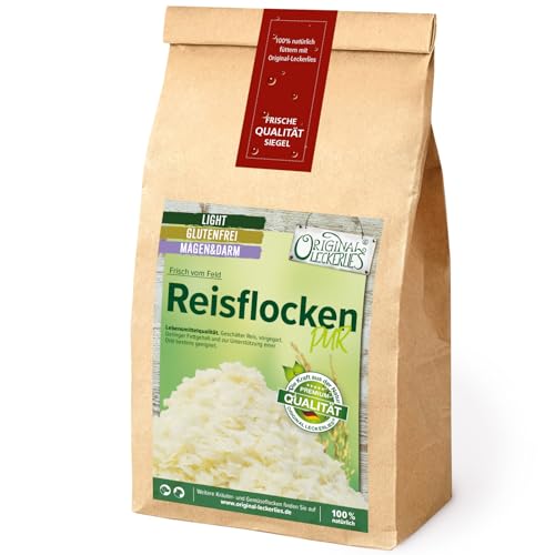 ORIGINAL LECKERLIES Reisflocken, 1kg ballaststoffreiche Hundeflocken glutenfrei und fettarm, geschält und vorgegart, Hundefutter- Naturprodukt für Hunde, barfen