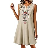 Vestidos Verano Mujer Tirantes Cuello En V de Algodón y Lino Vintage Bordado Boho para Fiesta Playa Larga Transpirable Primavera Verano Vestido Casual Elegante Talla Grande Vacaciones y Uso Diario