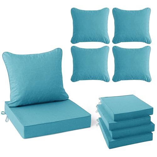 Image of Summsun Faux Linen Outdoor Chair Cushions, Water Resistant Backrest and Deep Seat Cushion Set with Removable Cover, Straps, Non-Slip Bottom for Patio Furniture, 24 x 24 Inch, Teal, Set of 4