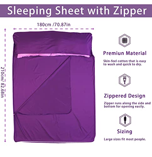 Niuxx Sleeping Bag Liner Camping Travel Bed Sheet With Zipper, Large Lightweight Breathable Double Sleeping Sack For Backpacking, Hotel Hostels, Lightweight Bed Liner For Outside Travelling (Purple) #TOP1