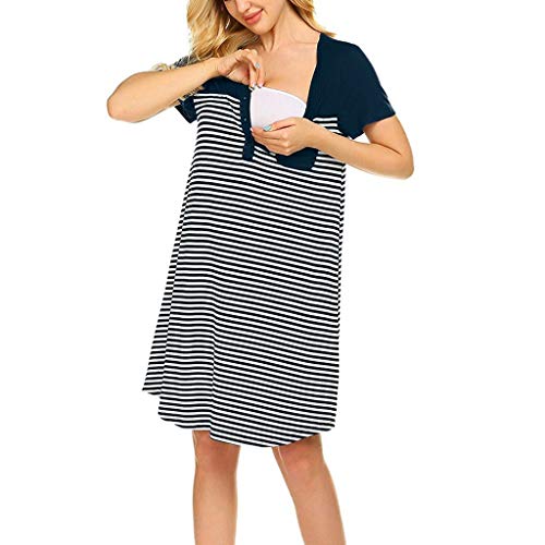 SO-buts Women Maternity Pregnant Short Sleeve Pocket Striped Nursing Dress For Breastfeeding Sleepwear Nightdress (Navy,M)