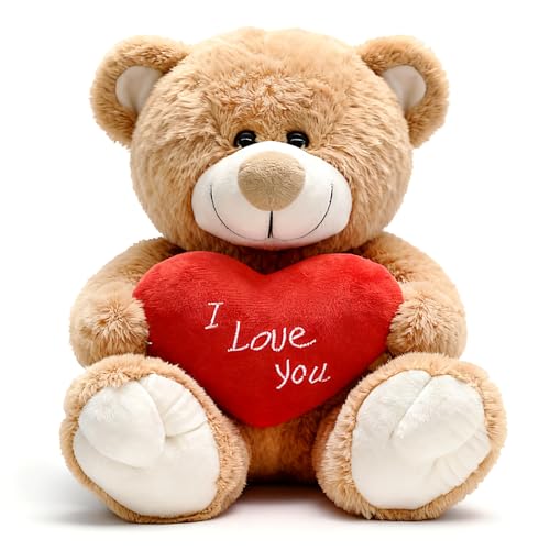 I Love You! 10'' Teddy Bear with Red Heart, Soft Plush Bear Doll Stuffed Animal Toys, Gifts for Her/Girlfriend Lover Mom Kids (Light Brown)