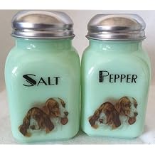 Salt & Pepper Shaker Set - Square Stove Top Jar - Rosso Glass Exclusive - Cats & Dogs - American Made - Mosser Glass USA Jade w/Hound Dogs