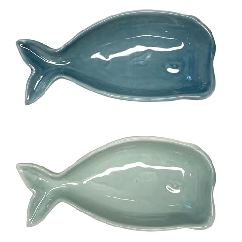 Top Brass Set of 2 – Whale Jewelry Dish – Glazed Ceramic Trays – Teal Blue and Turquoise Green – Nautical Coastal Marine Décor Trinket Storage Display – Rings, Earrings, Necklaces, Keys, Coins