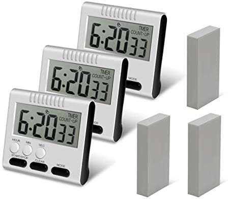 Hour Minute Second Count Up Countdown Digital Kitchen Timer, Big Digits, Loud Alarm, Magnetic Backing, Retractable Stand, 3 Pack Black