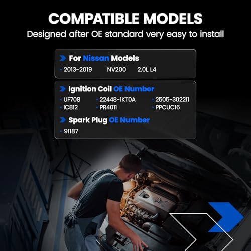 Image of 4-Pack UF708 Ignition Coils & 91187 Spark Plugs Kit Compatible with Nissan NV200 2.0L L4 2013 2014 2015 2016 2017 2018 2019- Replaces 22448-1KT0A & more