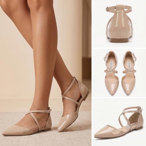 Image of ELEGANTPARK FC2322 Comfortable Satin Pointed Toe Flats for Women Ankle Straps Wedding Flats for Bride Shoes Evening Party Guest Shoes for Women Dressy Low Heel