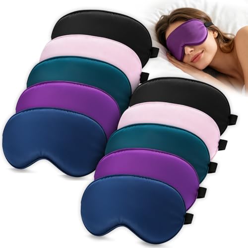 LUMORY 10 Pack Silk Sleep Mask 5-Color Eye Masks for Sleep with Adjustable Strap 100% Blackout Blindfold Super Soft Eye Cover for Travel Nap Airplane Home Sleeping Suitable for Women & Men