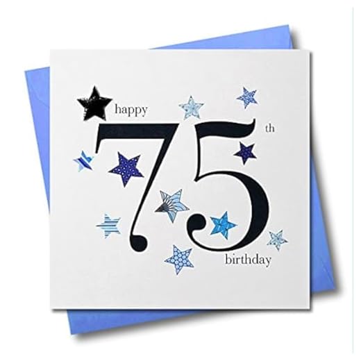 Claire Giles Tarjeta de felicitación de 75 cumpleaños, diseño de corazones y estrellas, color azul