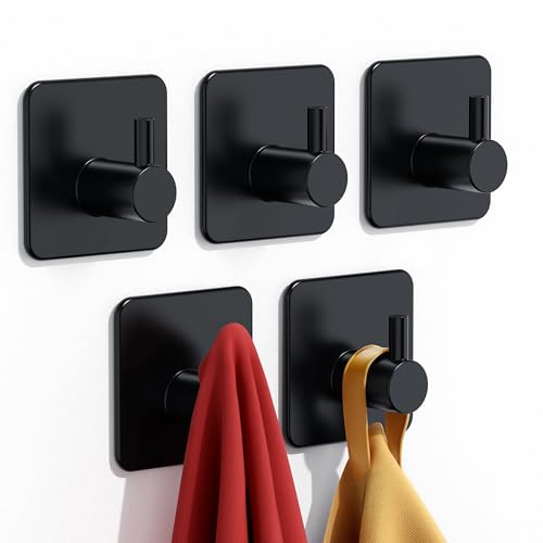 Adhesive Hooks Heavy Duty 22lb(Max) Wall Hooks, 5 Pack Self Adhesive Damage Free Towel Rack, Stainless Steel for Coat Robe, Waterproof Oilproof Rustproof for Bathroom Shower Kitchen Office