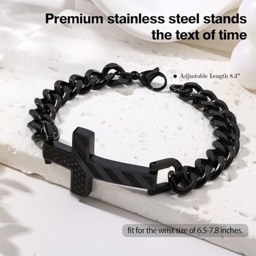 Saintda Cross Bracelet for Men, Bible Verse Jesus Patriotic Engraved American Flag Bracelets Black Stainless Steel Cuban Chain Adjustable Christian Baptism Religious Jewelry Gift for Him4