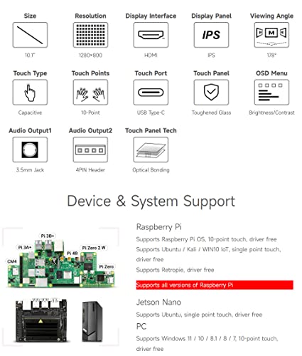 Image of waveshare 10.1inch Capacitive Touch LCD IPS Display, 1280x800 Resolution, HDMI Interface, Compatible with Raspberry Pi 5 /4B /3B /Zero /Zero W /Zero 2W /Pico /Pico W /Pico WH, Support Jetson Nano /PC