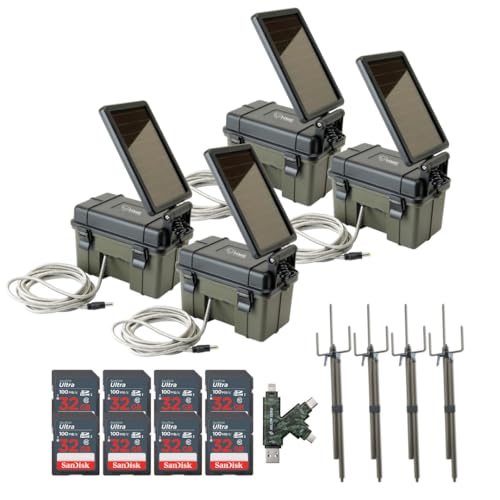 HME Trail Camera 12V with Solar Auxiliary Power Pack (4-Pack) Bundle with Trail Camera Mount Stick (4-Pack), 32GB Ultra SDHC UHS-I Memory Card (8-Pack), and SD USB 2.0 Card Reader (17 Items)