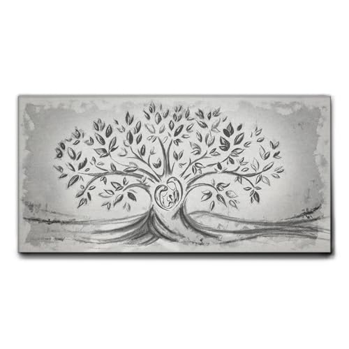 Giallobus - Quadro - 03 - Capezzale Moderno - Sacra Famiglia e Albero della Vita - Black&Gray - Tela Canvas Telaio Standard - 70x35 - Pronto da Appendere - Quadri Moderni per la casa