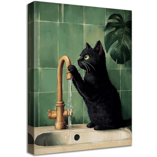 Cadre en Bois Impression sur Toile Chat Noir Rigolo Tableau Affiche Decoration Murale Image sur Toile Chaton Chat Lisant le Journal sur les Toilettes Tableau...