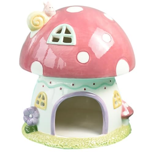 Kiwetハムスター ハウス 、ハムスターの巣/セラミック/かわいい家、耐久性、涼しさ、快適、小動物、すべての季節に適しています、ジャービルの巣、ウォーターボトル、シェルター (ピンクマッシュルーム)