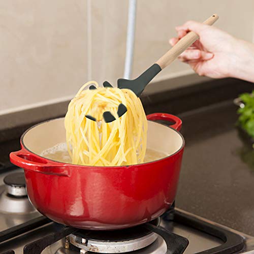 Kufung Silicone Pasta Fork (12"), Food Grade Noodle Spoon With Natural Wooden Handle, Bpa Free, Spaghetti Strainer & Server Spoon (12 Inch, Gray) #TOP6