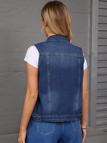 Women's Denim Vest Button Down Jacket W Chest Flap Pockets Washed Distressed Sleeveless Jean Jacket4