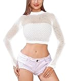 LemonGirl Womens Fishnet Long Sleeve Crop Top Lingerie Babydoll Chemise Nightwear Sleepwear White