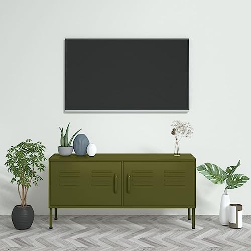 Holamys Olivgrüner TV-Schrank aus Stahl, 105x35x50 cm, mit 2 Türen, Regal und Kabelführung, Robustes Medienmöbel für Wohnzimmer