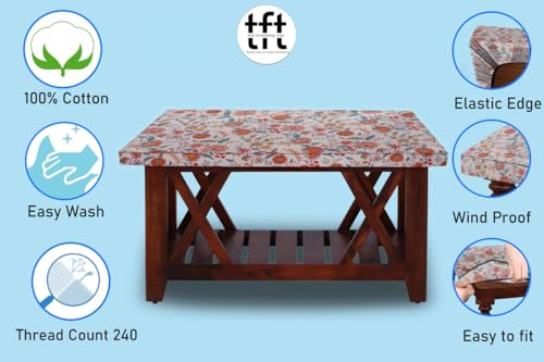 Image of The Furnishing Tree Elastic Cotton Rectangular Center Table Cover 14x24 in Inches Floral Multicolor on offwhite Base