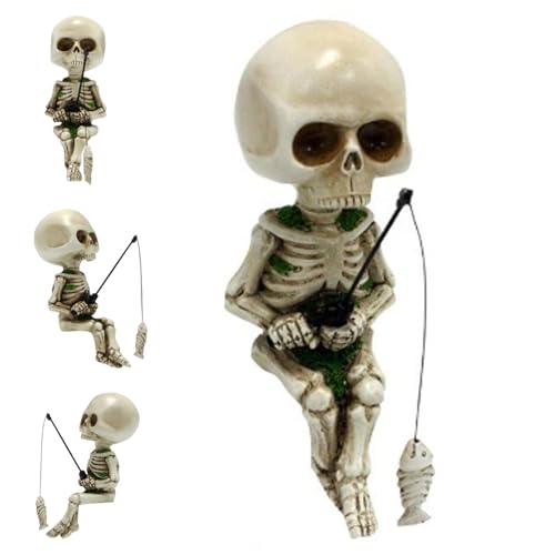 Skeleton Fishing Garden Accessory,Zubehör für Aquarien,Angeln Skelett Statue Halloween Dekorationen, Kreative Ornamente,Halloween Mini Skelett Figuren Statue Dekor,Angeln Skelett Garten Zubehör