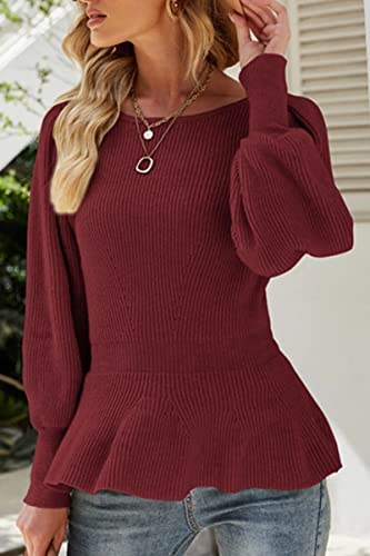 Image of Womens Fall Puff Sleeve Peplum Casual Slim Fit Knit Pullover Sweater Jumper Tops