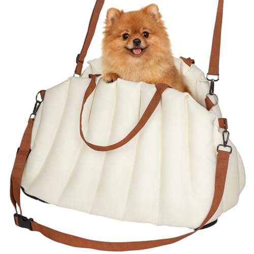 PawHut Seggiolino Auto per Cani Piccoli con Guinzaglio di Sicurezza e Base Antiscivolo, Trasportino Convertibile in Borsa per Animali Domestici, Crema