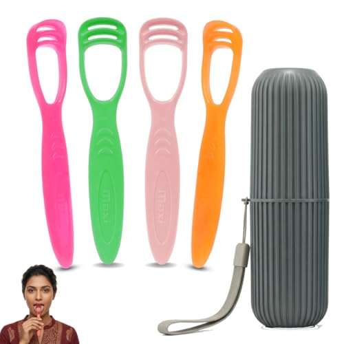 Image of MAXI Handle Tongue Cleaner for Adults & Kids with Travel Case | BPA Free, Multicolor Plastic Tongue Scraper for Oral Hygiene, Removes Bad Breath & Bacteria, Easy Grip Handle (Pack of 4)