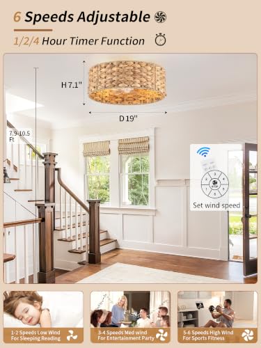 Image of 19 inch Boho Handwoven Rattan Ceiling Fan with Light Flush Mount Low Profile
