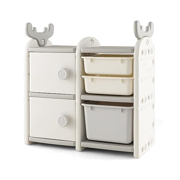   Costzon-Kids-Toy-Storage-Organizer-with-Bins-Multipurpose-Bookshelf-and-Toy-Chest-with-Antler-Top-Enclosed-Cabinets-Pull-Out-Drawers-Toddler-Storage-Cabinet-for-Kids-Room-Playroom-Nursery