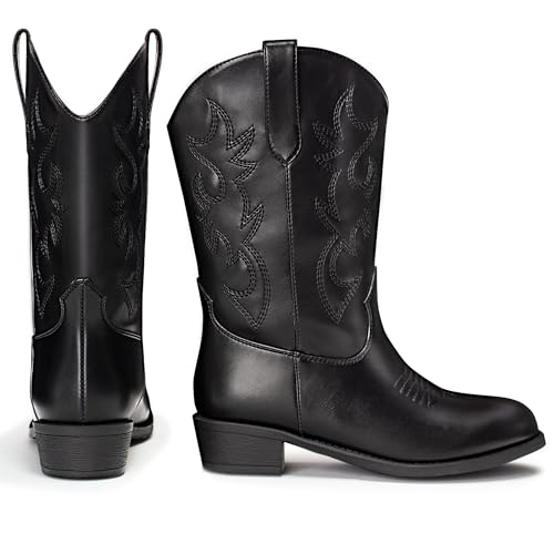 Cowboy Cowgirl Boots for Girls Boys Almond Toe Fashion Embroidery Western Mid Calf Riding Boots(Little Kid US 1,Black)3