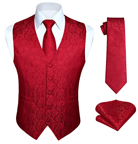 Image of HISDERN Vest and Tie Sets for Men Vests Paisley Floral Jacquard Necktie Pocket Square 3PCS Waistcoat for Suit or Tuxedo