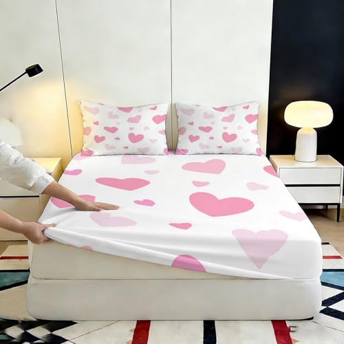 Drap housse cœur rose 90x200x25cm en microfibre imprimée 3D