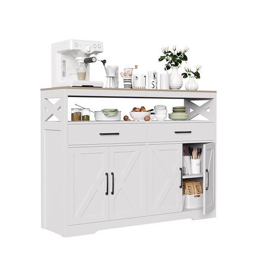 Credenza Cucina, Mobile portaoggetti con 2 cassetti e 4 ante, ripiano regolabile, credenza sala da pranzo per cucina, soggiorno, 140 x 40 x 105 cm, bianco (4 porte)