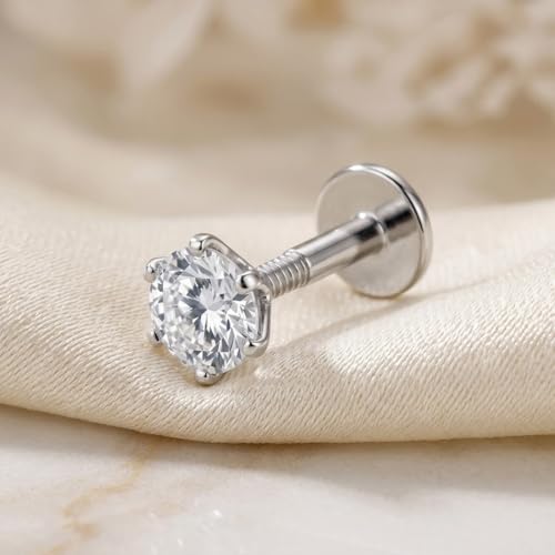 Image of Parnika 925 Sterling Silver Solitaire CZ Nose Pin | Small Size Piercing Nose Stud with Secure Screw Back | Elegant Silver Nose Ring for Women & Girls