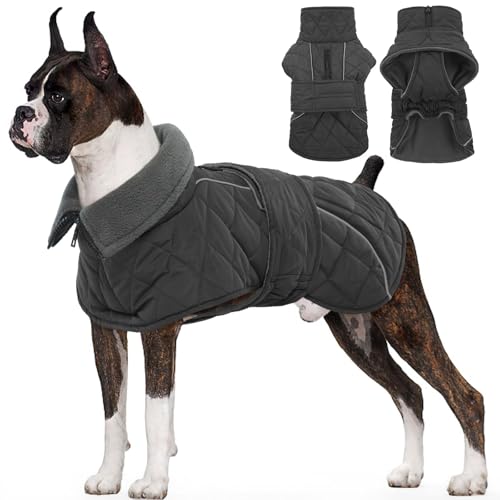 Kuoser Dog Winter Coat Waterproof Dog Snow Jacket, Warm Fleece Lined Pet Turtleneck Snowsuit Puppy Cold Weather Coats with Harness Hole, Adjustable Winter Vest for Medium Large Dogs, Grey, L