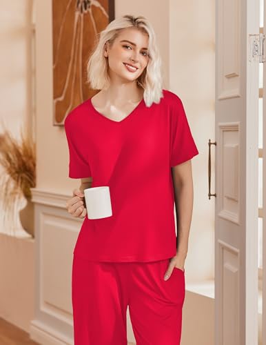 Image of Ekouaer Pajama Sets for Women 2 Piece Lounge Set Short Sleeve Tops and Long Pants Soft Comfy Pjs Sleepwear Outfits S-XXL