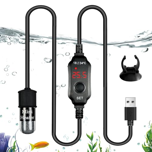 Vegena Calentador de acuario, pequeño calentador de inmersión para acuario, pantalla digital, calentador de acuario, 10 W, 5 V, 2 A, temperatura ajustable, calentador de acuario USB, con ventosas para
