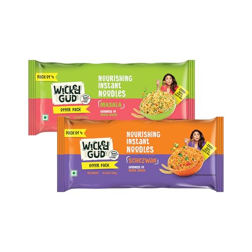 Image of WickedGud Whole Wheat Masala & Schezwan Noodles | No Maida | No Palm Oil | Source of Protein | 240 g Each (Pack of 2, Total 480 g)