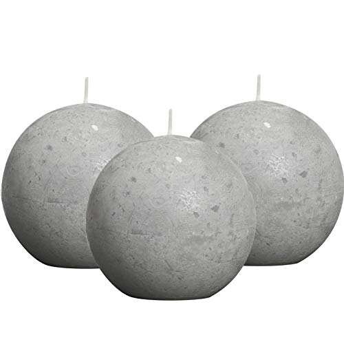 bolsius 3 pack unscented rustic light grey 3 inch round ball pillar candles - 24 hour - premium european quality - wedding, party, church, and home decoration smokeless dripless paraffin wax candles