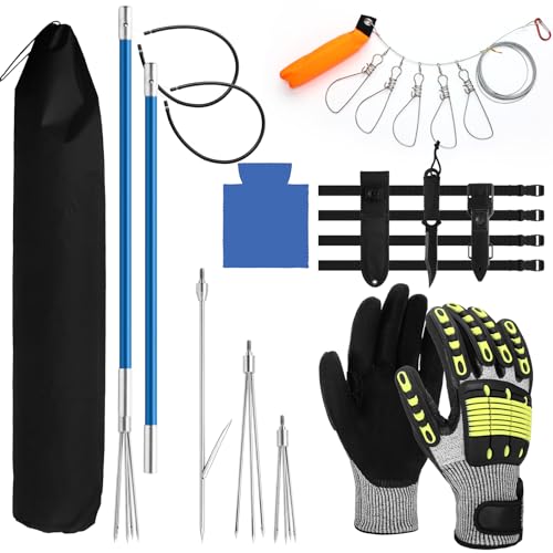 Lasnten 14 Pcs Hawaiian Sling Fishing Spear Set Fiberglass Pole Spear with 3 Prong Tips Diving Lobster Knife with Holster 2 Sheath 2 Pairs Leg Straps Fish Buckle for Diving Spearfishing(Dark Blue)
