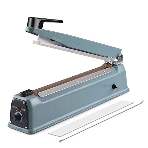 Flexzion 12" (300mm) Impulse Sealer - Manual Plastic Poly Bag Heat Sealing Machine Closer Kit w/Adjustable Timer, Portable with Free Replacement Element Grip and Teflon Tape