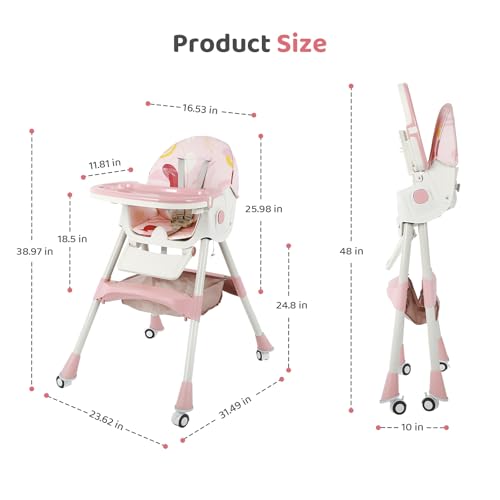 Image of 6 in 1 Baby High Chair Foldable Portable High Chairs for Babies and Toddlers Adjustable Height and Backrest with Footrest and Wheels