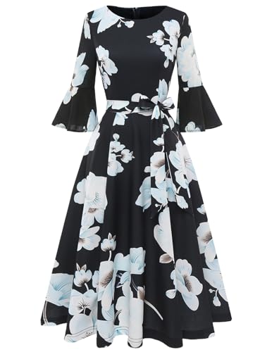 Image of HomRain Women's Church Dresses Modest Bell Sleeve Wedding Guest Cocktail Tea Party Vintage Evening Dress