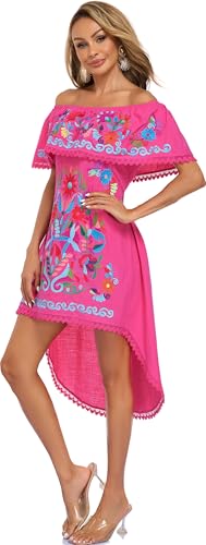 Image of YZXDORWJ Women's Mexican Asymmetrical Dress Embroidered Floral Off-Shoulder Cocktail Latina Fiesta Dress