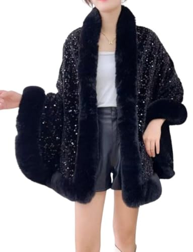 Women Faux Fur Shawl Wrap Open Front Poncho Cape Sequin Beaded Pashmina Oversized Sweaters Shawl Fall Winter