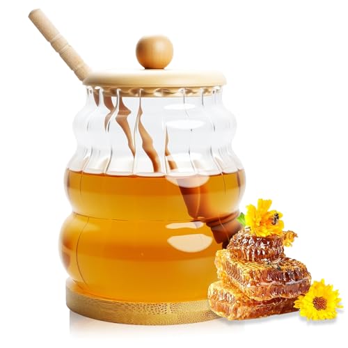 DELAVIDA Tarro de vidrio para miel con cuchara, olla transparente para miel con base de tapa de bambú, 1 palo de madera, recipiente de 15 onzas para jarabe de miel, organización de cocina en el hogar