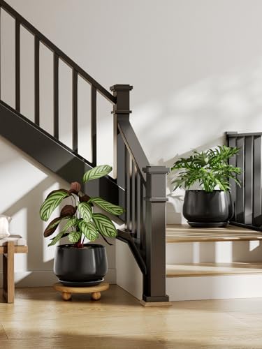 LE TAUCI Blumentopf Keramik mit Integrierter Untersetzer, 25 cm, Schwarz – Ansicht 2